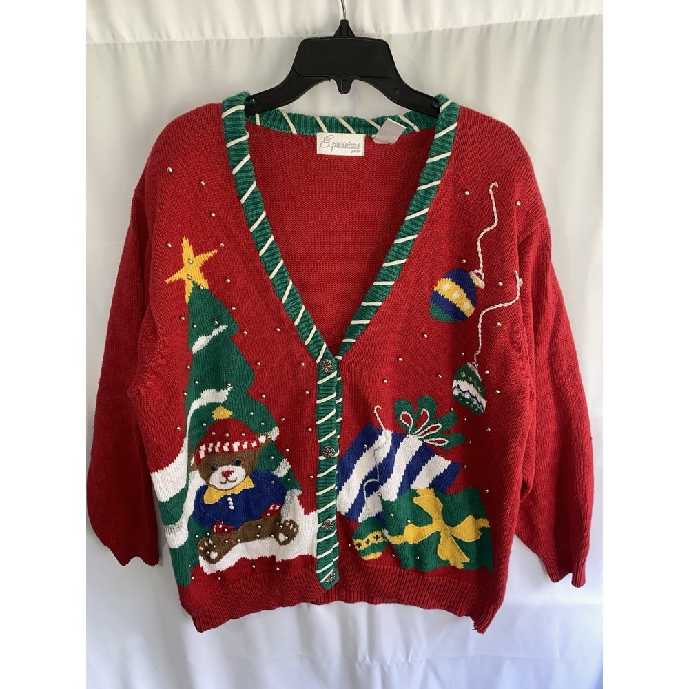 Vintage Christmas Tree‎ Bear Holiday Knit Cardigan Sweater 1X Ramie